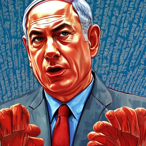Prompt: Bibi Netanyahu  soviet propaganda style, vivid colors, detailed lines, dominating red color, detailed portrait