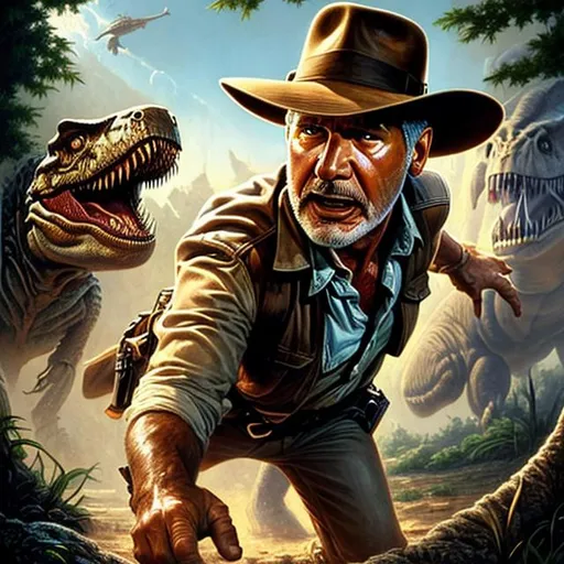 Prompt: ultra realistic illustration, incredibly detailed Harrison Ford face, Indiana Jones being chased by a T-Rex, intricate, elegant, highly detailed, digital painting, artstation, concept art, smooth, sharp focus, illustration, art by artgerm and greg rutkowski and drew struzan