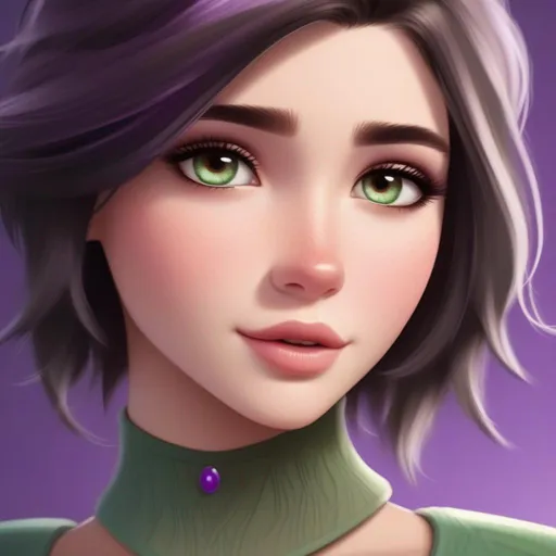 Prompt: elsa's short brunette haired roundish faced green-brown eyed cousin with a purple black grey white color scheme, profile picture