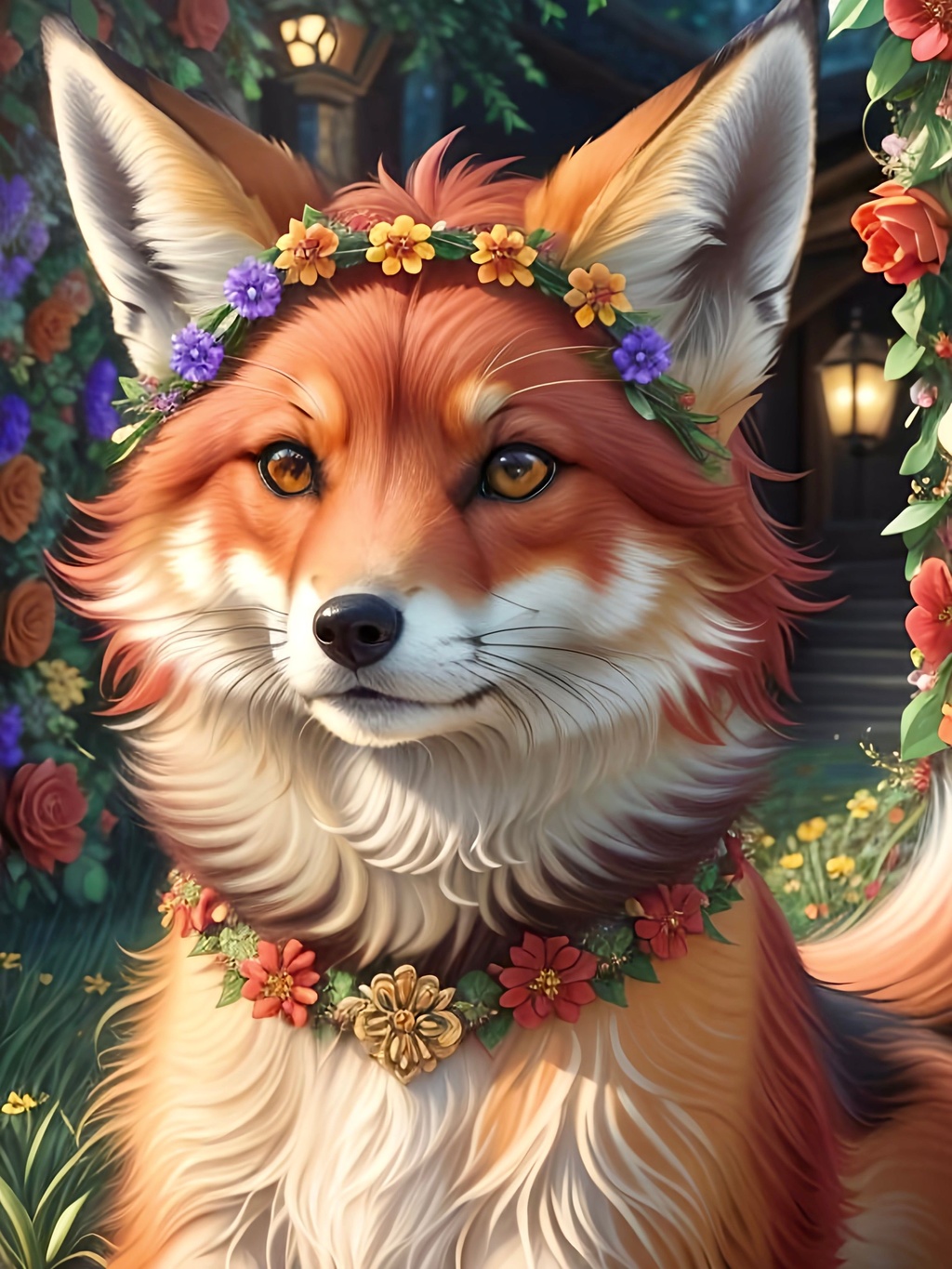 Prompt: (3D, 8k, masterpiece, oil painting, professional, UHD character, UHD background) Portrait of Vixey, Fox and Hound, brilliant red fur, brilliant amber eyes, big sharp 8k eyes, sweetly peacefully smiling, enchanted garden, vibrant flowers, vivid colors, lively colors, vibrant, high saturation colors, flower wreath, highly detailed fur, highly detailed eyes, highly detailed defined face, highly detailed defined furry legs, highly detailed background, full body focus, mid shot, mid close-up, UHD, HDR, highly detailed, golden ratio, perfect composition, symmetric, 64k, Kentaro Miura, Yuino Chiri, intricate detail, intricately detailed face, intricate facial detail, highly detailed fur, intricately detailed mouth