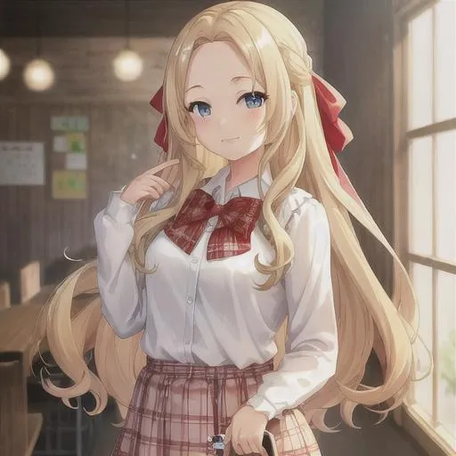 Prompt: soft art, smooth hair, woman, blonde_hair, flowy_hair, small smile, shiny hair, curvy body, white_shirt, light-turquoise_eyes, innocent face, forehead, red_bow_tie, long skirt, red_plaid_skirt,  bento, lunch