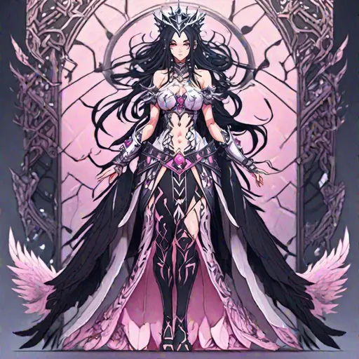 Prompt: highly detailed UHD Full Body View anime goddess Queen of Kings, got raven hair. Dark as night icy eyes pink color pallet, Nordic detailed fused with Victorian cell shade. showing her six pack abs