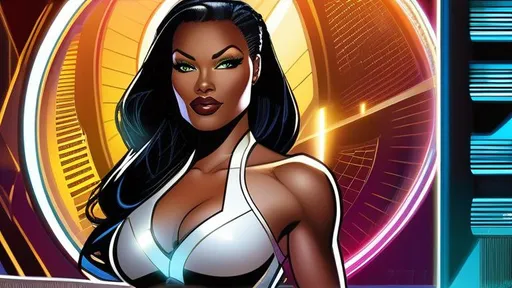 Prompt: Hope Alguin--dark-skinned curvaceous cyborg beauty--uses a quantum computer to scan the Omniverse for any trace of her lost android muse-brother, Philo Layne. art by Juan Gimenez and Adi Granov