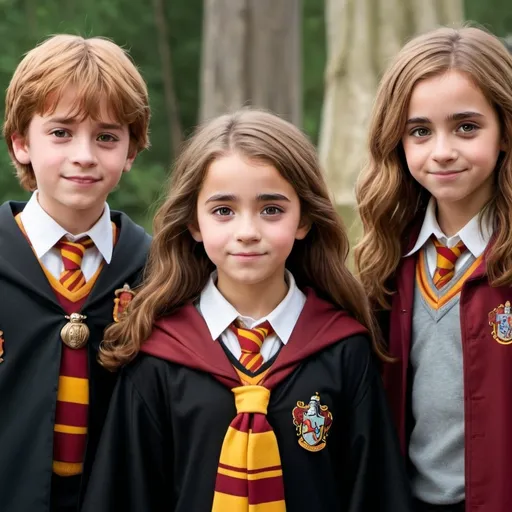 Prompt: Little Gryffindor witch with brown hair and brown eyes, being friends with The Golden Trio (Harry, Ron and Hermione)