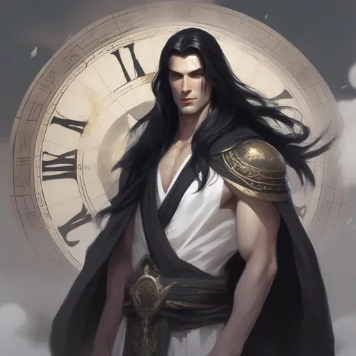 Prompt: DND a tall pale handsome man with long straight black hair wearing a black toga god of time and death