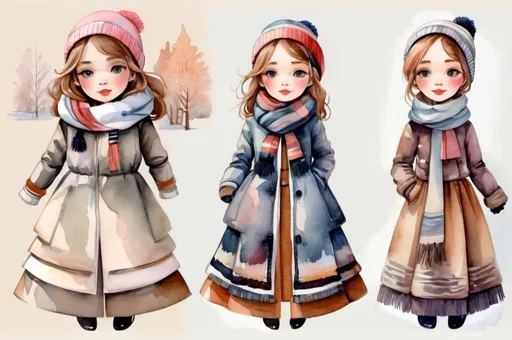 Prompt: young girl, winter outerwear, jacket,  scarf, hat, a lot of details, high quality, standing straight, arms to the sides, paper doll, watercolor,