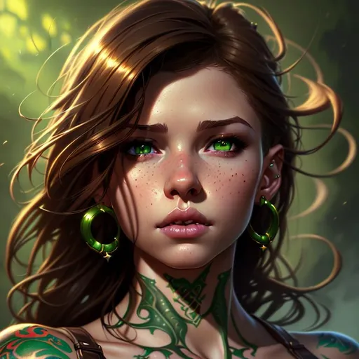 Prompt: Ultra Realistic drawing of a Girl, lips piercing, brown hair, green eyes, high definition,artstation, hell background, 8k,  high definition, by justin gerard and greg rutkowski, digital art, art station, full body, 8k Resolution, chest tattoo,