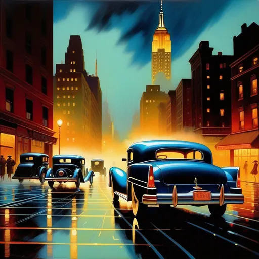 Prompt: 1930s, downtown New York at night, neon, car chase, rain, fog, cold blue atmosphere, cartoony style, extremely detailed painting by Greg Rutkowski and by Henry Justice Ford and by Steve Henderson 

