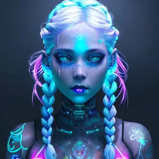 Prompt: Cyberpunk girl, fantasy art, iridescent, bioluminescence, detailed human  face, braided hair, white tattoos, ultra realistic
