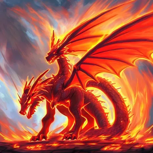 Prompt: Dracofire is a majestic dragon-like Pokemon with fiery features, resembling a powerful and fierce canine. Its scales shimmer with vibrant reds and oranges, resembling flames, and it has magnificent wings that emit a radiant glow.