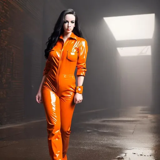 Prompt: A April O’neil in latex orange jumpsuit dark ally raining full body shot