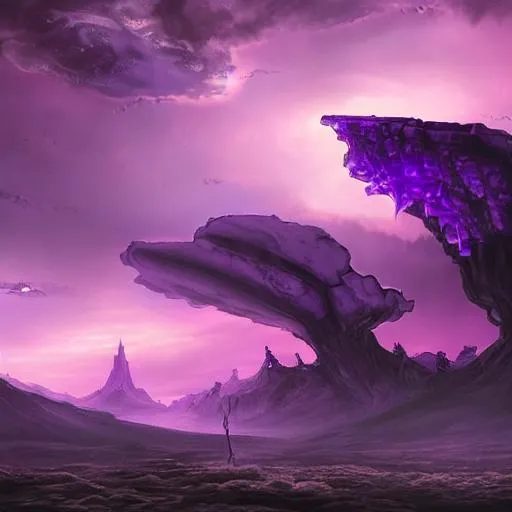 Prompt: fantasy magical sci-fi landscape with a  purple sky