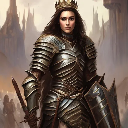 Prompt: fantasy handsome brunette queen wearing modest armor
epic painting 