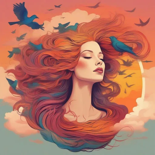 Prompt: colourful and beautiful Persephone with hair that is made out of a sunset with clouds and flying birds