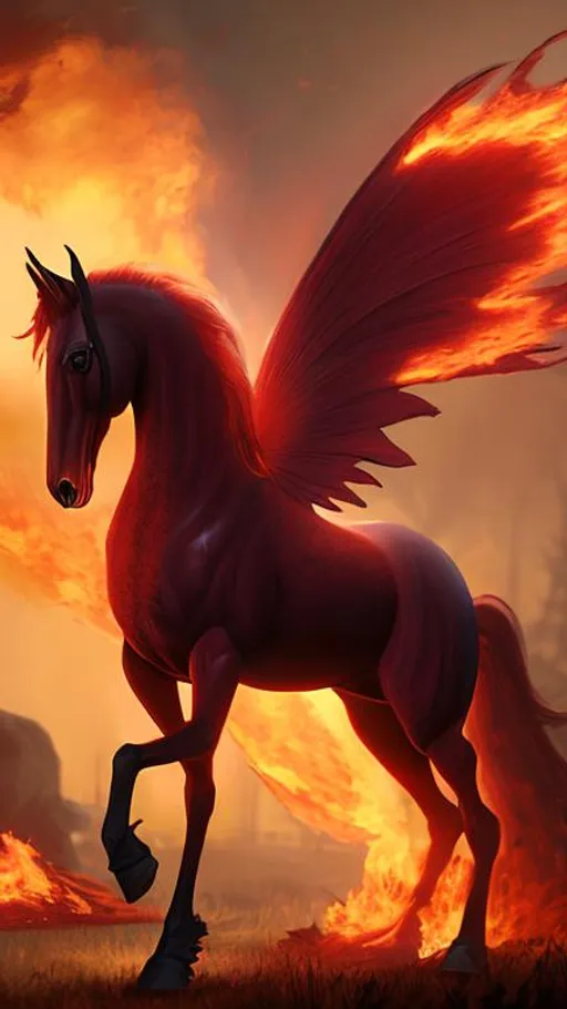 Prompt: Crimson horse with the name AEL runs through fires