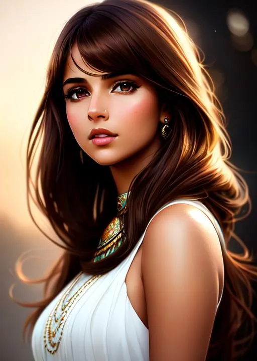 Prompt: portrait of Brown Hair Beautiful naomi scott with Air Magic, parted bangs, Elegant, Romantic, wearing tribal cueitl, HDR, full body, High Definition, cinematic,  dynamic light, hyperrealism, definition, glowing eyes, facial symmetry  by Ilya Kuvshinov