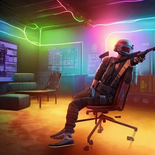 Prompt: /imagine prompt:a person sitting in a chair playing pubg mobile :2 A pattern following gaming room setup neon colors --v 4 --ar 16:9