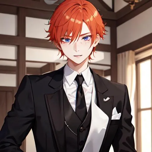 Prompt: Erikku 1male (short ginger hair, freckles, right eye blue left eye purple) wearing black suit at a wedding