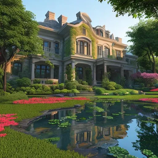 Prompt: A Mansion with trees, flowers and a pond photorealistic