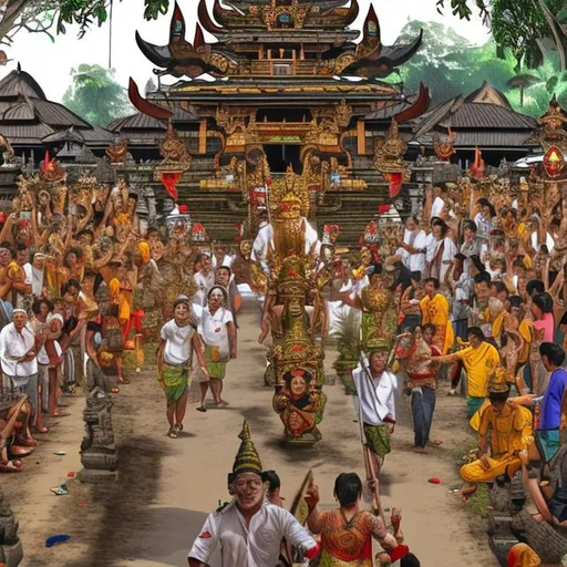 Prompt: Illustrasi galungan day ,ceremony of hindu bali, hdr 16 x9 pixel