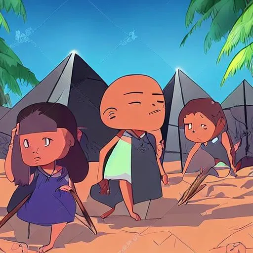 Prompt: black tribe people living in a tropical land with pyramids crystal, cartoon, craig of the creek, Yoh Yoshinari art style "HD quality" 