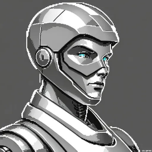 Prompt: retro digital pixelart portrait of a robot cyborg, grey steel metal plating plastisteel skin tone, for DOS SNES with dithering shading 16-bit colour depth masks raster