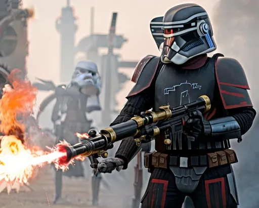 Prompt: star wars black and red clone trooper standing holding flamethrower