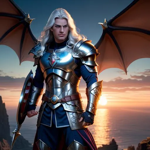 Prompt: 1 man, heroic, fantasy, holding a shield, wearing a helmet, fictional, muscular, sunset backdrop, dragon flying in the background, overhead view, 8k uhd, 4k uhd, highly detailed blue eyes, highly detailed face, innocent looking, regal, 8k UHD, long sleeved, fully clothed, silver hair, slight front bangs, scenic view landscape, magical feel, mystic, aerial view, idyllic, overhead shot