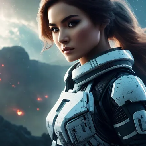 Prompt: create photograph of beautiful fictional female elite space soldier who is from future, fighting in a war ,extremely, wide angle, detailed environment, detailed background, planets an nebulae in sky highly detailed, intricate, detailed skin, natural colors , professionally color graded, photorealism, 8k, moody lighting

