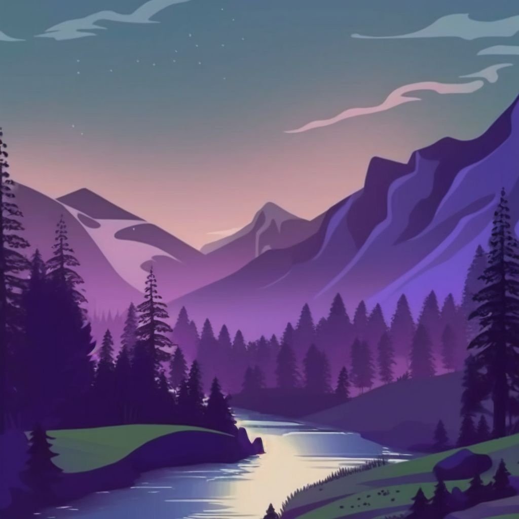 Prompt: river forest mountains, 2d wavy art