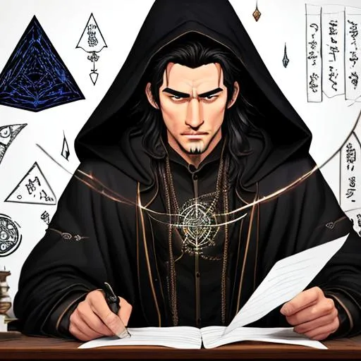 Prompt: front view of a shy male sorcerer with an attractive human face, human face, his face is human, dark hair, scrolls on a desk, crystals on a desk, protection, aura, skull on a desk, alchemy on a desk, papers, several amulets, black and white clothing, black jacket with hood, magical runes, occult, runic symbols, enochian, realistic eyes, apostate, vivid colors, masterpiece,  dark contrast, 3D lighting, nighttime in the heavens, background