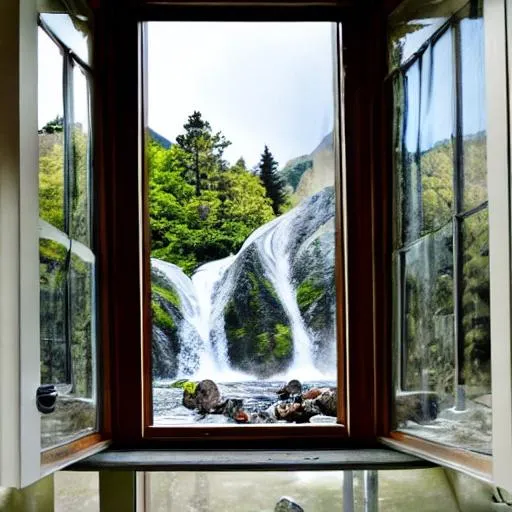 Prompt: WATERFALL THROUGH HOME WINDOW