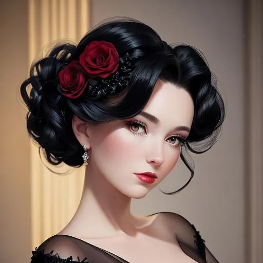 Prompt: Beautiful woman portrait wearing a black evening gown,  black hair, dark eyes, ruby jewelry,elaborate updo hairstyle adorned with flowers, facial closeup