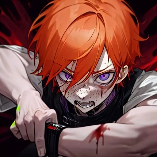 Prompt: Erikku male adult (short ginger hair, freckles, right eye blue left eye purple) UHD, 8K, Highly detailed, insane detail, best quality, high quality, holding a knife up to his face, covered in blood, insane, sadistic