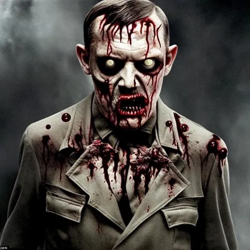Prompt: zombie, nazi, realistic, nazi zombie, real-life, hyper-realistic, zombie hitler, undead, hitler, draugr, scabs, bruises, blood, violent, eugenics, murder, evil, angry, far-right