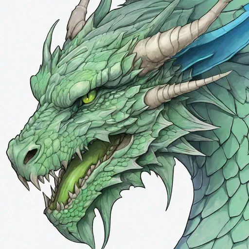 Prompt: Concept design of a dragon. Dragon head portrait. Coloring in the dragon is predominantly pale green with blue streaks and details present.