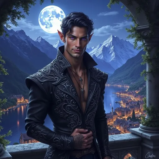 Prompt:  @E9F5IeylWCK78nhhDgNv a male elf with pointed ears and purple eyes, is standing on a terrace overlooking a riverside town. there are mountains behind him and a full moon. he is looking at the viewer and smiling enticingly.