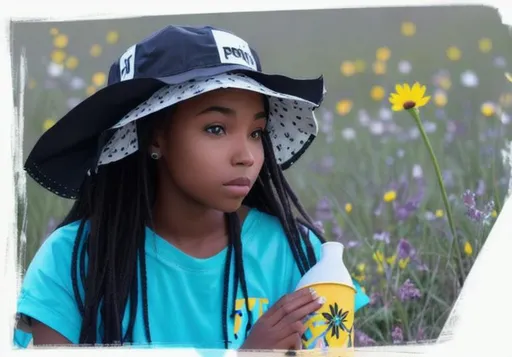 Prompt: A black girl sitting in a flowery meadow with a bucket hat that has "petty" written on it.