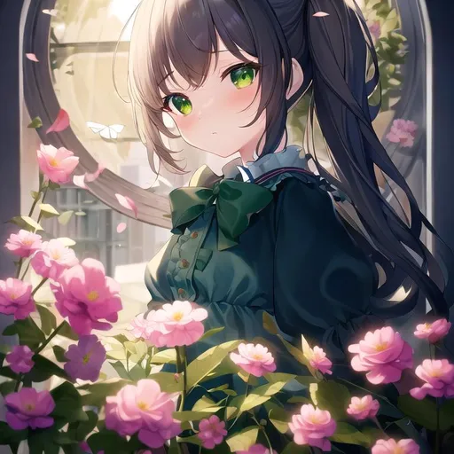 Prompt: (masterpiece, best quality:1.2), illustration, absurdres, highres, extremely detailed, 1 petite girl inside a (sandglass), navy long hair, small double pigtails, green eyes, eye highlights, dress, short puffy sleeves, frills, flower, fluttering petals, upper body, depth of field, (:d:0.8), chromatic aberration abuse,pastel color, Depth of field, purple tint,(purple fog:1.3)