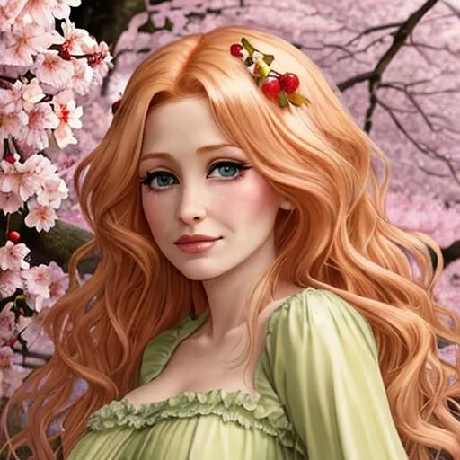 Prompt: strawberry blonde hair, hazel/green eyes,Dolly Parton, cherry blossoms, fairy goddess