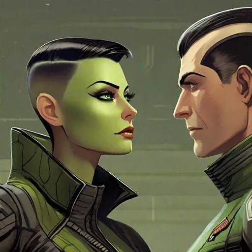 Prompt: A green skinned scifi green female with green skin, she has short black bob hair, well drawn green face, uniform, her skin is green, she has green skin. embracing a Handsome caucasian male scifi pilot with very short slicked back (brown) pompadour undercut hair, fully dark entirely jet black leather jacket. green eyes, his skin is normal pale. detailed. star wars art. 2d art. 2d