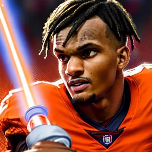 Prompt: zoomed in picture of Deshaun Watson's Face as a jedi holding an orange lightsaber 