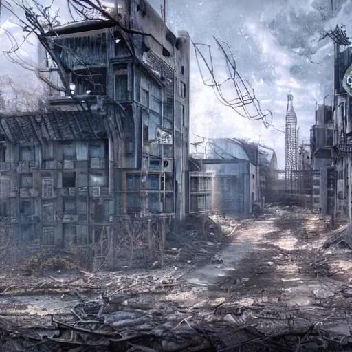 Prompt: abandoned haunted distant buildings detailed post-apocalyptic biopunk