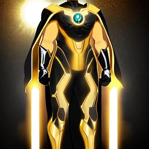 Prompt: solar powered superhero gold & black suit with flare cape