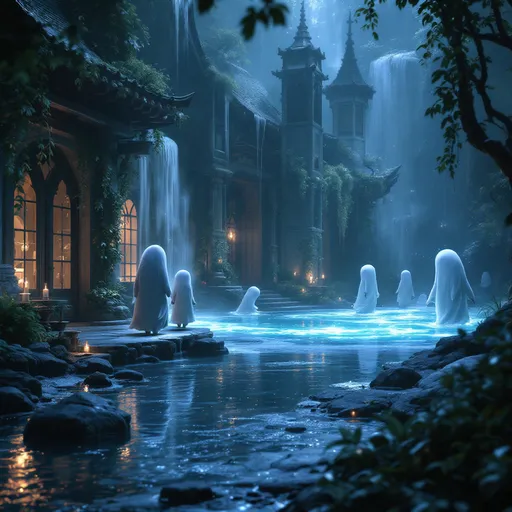 Prompt: A mystical scene from "Spirited Away" with spirits wandering a magical bathhouse.