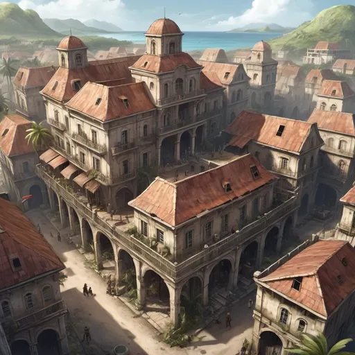 Prompt: Fantasy Illustration of a thiefs guild, French colonial architecture, run-down, complex structure, rpg-fantasy, entire building, birdview, high quality, detailed, epic scale, fantasy, game style, slums in the background, tropical french colonial town 