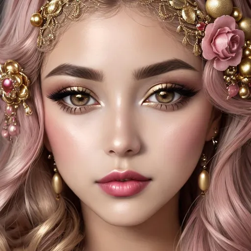 Prompt: big  eyes and carmine lips, silver and golden breaded silk, lips, pink cheeks