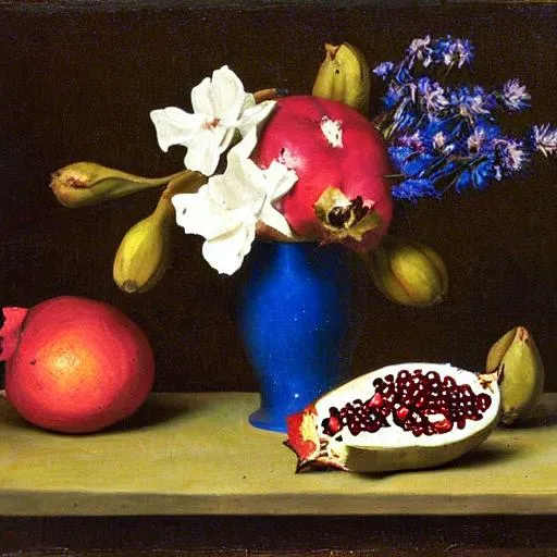Prompt: Still life with pomegranate and soursop with cornflowers and narcissusis