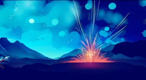 Prompt: Anime mountain landscape with fireworks and one firework shaped like a gold fish