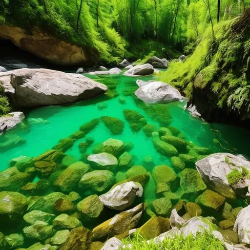 Prompt: Natural green nature with crystal clear river water, flowing near it.
